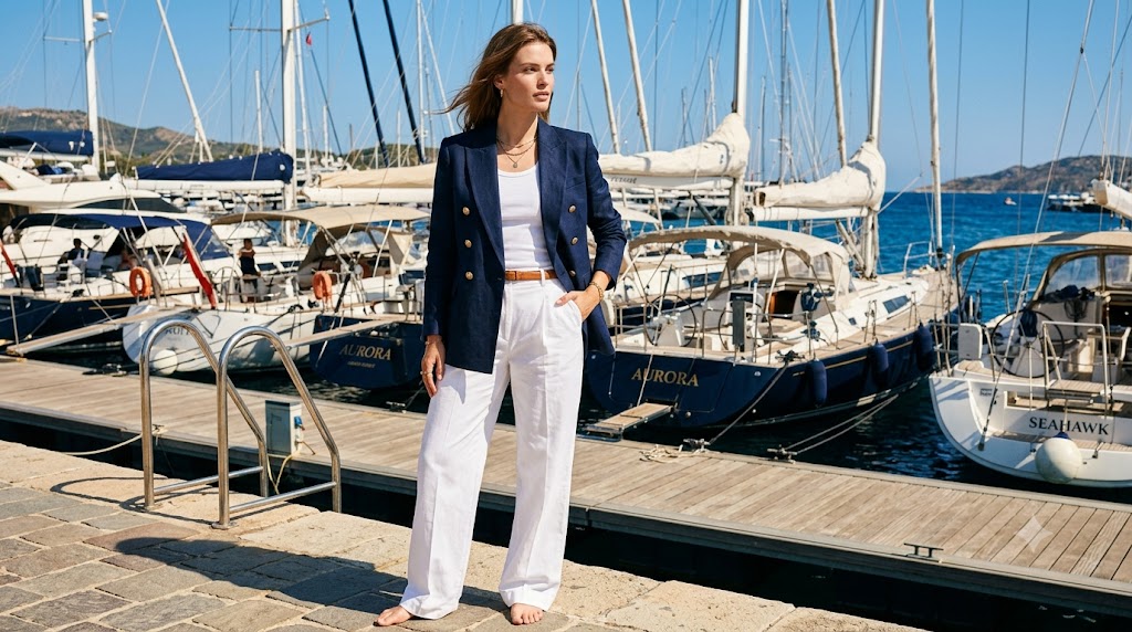 Navy Blazer & White Cotton Trousers